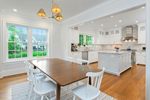 Dining room, Interior, Kitchen, Recessed Lighting, Stainless Steel Appliances, Wood Texture Flooring