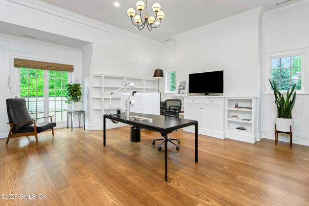 Chandelier, Home Office, Interior, Recessed Lighting, Wood Texture Flooring