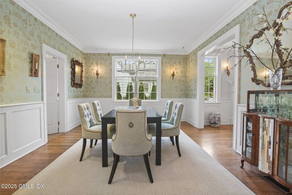 Dining room, Interior, Pendant Lights, Wood Texture Flooring