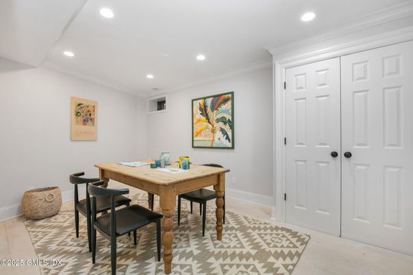 Dining room, Interior, Recessed Lighting, Wood Texture Flooring