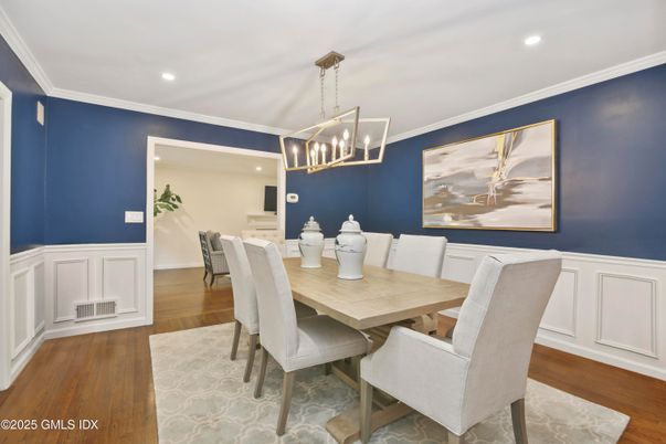 Dining room, Interior, Pendant Lights, Recessed Lighting, Wood Texture Flooring