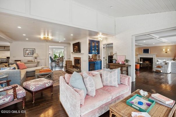 Dining room, Fireplace, Interior, Living room, Recessed Lighting, Wood Texture Flooring