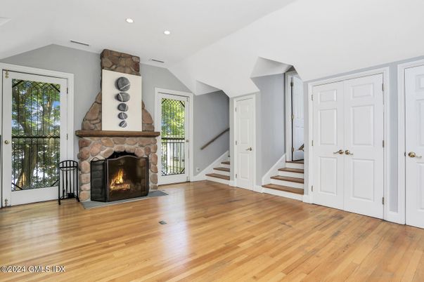 Empty room, Fireplace, Interior, Recessed Lighting, Wood Texture Flooring