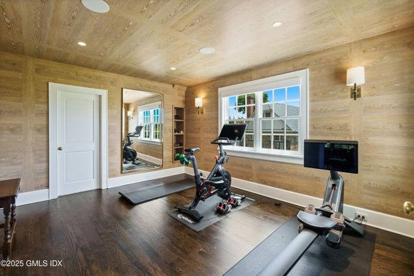 Fitness Equipment, Interior, Recessed Lighting, Wooden Ceilings, Wood Texture Flooring, Wooden Walls