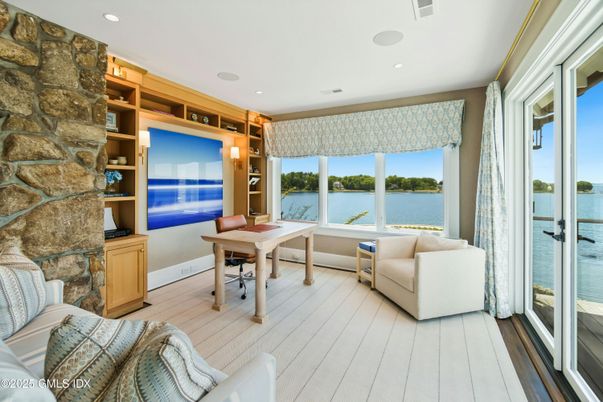 Home Office, Interior, Recessed Lighting, Stone Walls, Water