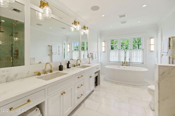 Bathroom, Dual Sink Vanities, Free Standing Baths, Glass Shower, Interior, Marble, Recessed Lighting