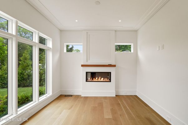 Empty room, Fireplace, Interior, Recessed Lighting, Wood Texture Flooring