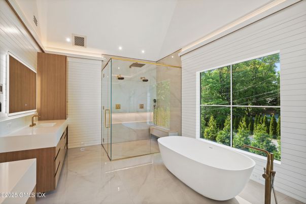 Bathroom, Free Standing Baths, Glass Shower, Interior, Marble, Marble Walls, Recessed Lighting