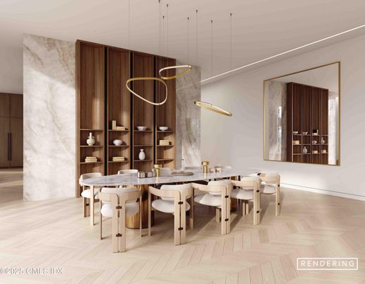 Dining room, Interior, Pendant Lights, Wood Texture Flooring