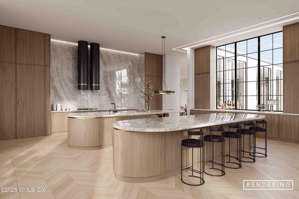 Interior, Kitchen, Marble Walls, Pendant Lights, Recessed Lighting, Wood Texture Flooring