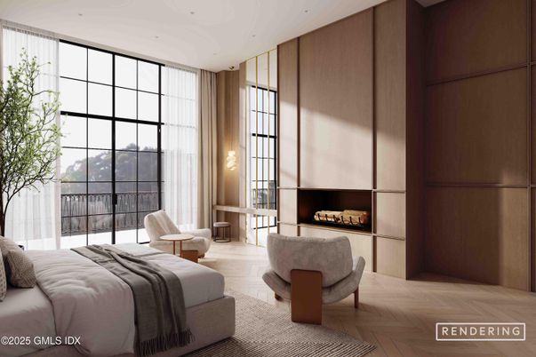 Bedroom, Fireplace, Interior, Recessed Lighting, Wood Texture Flooring