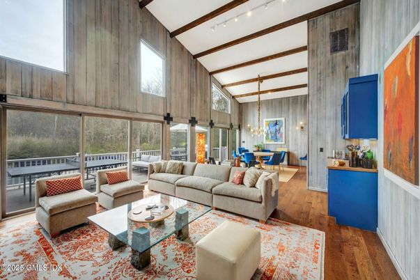 Dining room, Interior, Living room, Pendant Lights, Wooden Beams, Wood Texture Flooring, Wooden Walls