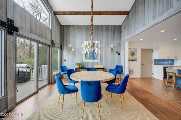 Dining room, Interior, Pendant Lights, Recessed Lighting, Wooden Beams, Wood Texture Flooring