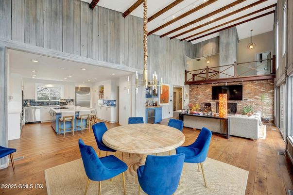 Dining room, Fireplace, Interior, Kitchen, Pendant Lights, Recessed Lighting, Stone Walls, Wooden Beams, Wood Texture Flooring