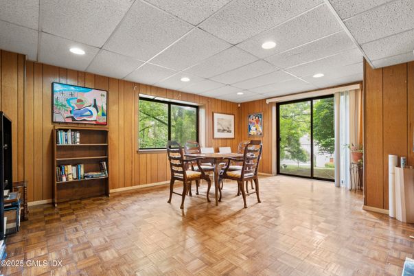 Dining room, Interior, Recessed Lighting, Wood Texture Flooring, Wooden Walls