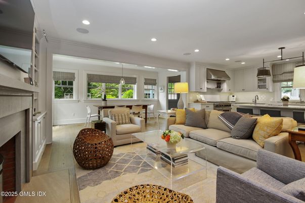 Dining room, Fireplace, Interior, Kitchen, Living room, Pendant Lights, Recessed Lighting, Stainless Steel Appliances