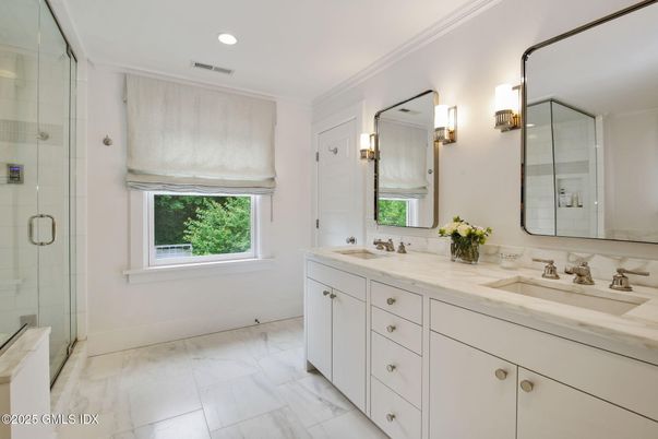 Bathroom, Dual Sink Vanities, Glass Shower, Interior, Marble, Recessed Lighting