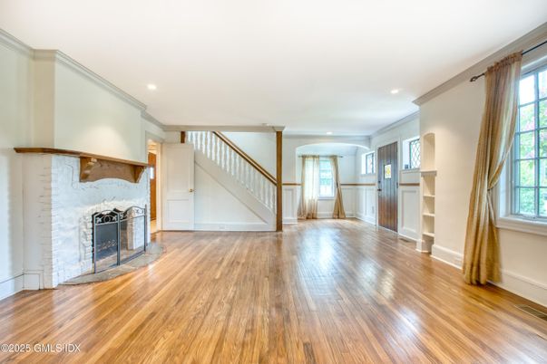 Empty room, Fireplace, Interior, Recessed Lighting, Wood Texture Flooring