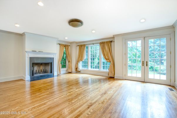 Empty room, Fireplace, Interior, Recessed Lighting, Wood Texture Flooring