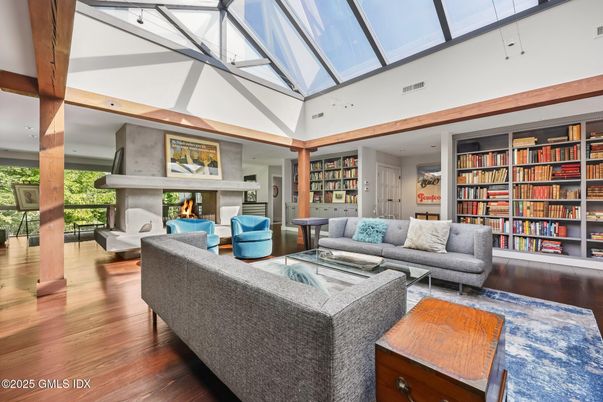 Fireplace, Glass Ceilings, Interior, Living room, Recessed Lighting, Wooden Beams, Wood Texture Flooring