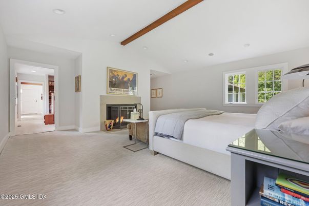 Bedroom, Fireplace, Interior, Recessed Lighting, Wooden Beams