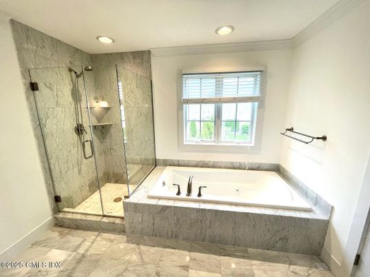Bathroom, Glass Shower, Interior, Marble, Marble Walls, Recessed Lighting