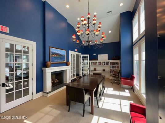 Chandelier, Dining room, Fireplace, Interior, Recessed Lighting