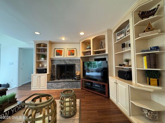Fireplace, Interior, Recessed Lighting, Wood Texture Flooring