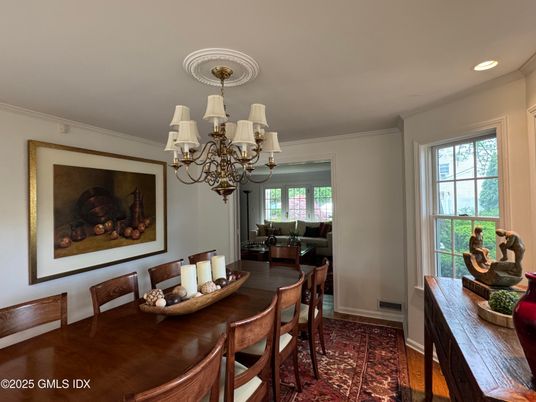 Chandelier, Dining room, Interior, Recessed Lighting, Wood Texture Flooring