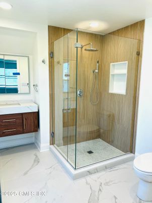 Bathroom, Glass Shower, Interior, Marble, Recessed Lighting, Wooden Walls