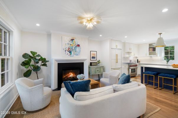 Fireplace, Interior, Kitchen, Living room, Pendant Lights, Recessed Lighting, Stainless Steel Appliances, Wood Texture Flooring
