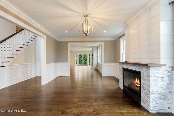 Empty room, Fireplace, Interior, Pendant Lights, Recessed Lighting, Wood Texture Flooring