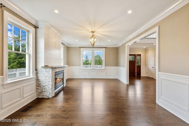 Empty room, Fireplace, Interior, Recessed Lighting, Wood Texture Flooring