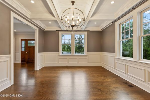 Chandelier, Empty room, Interior, Recessed Lighting, Wood Texture Flooring