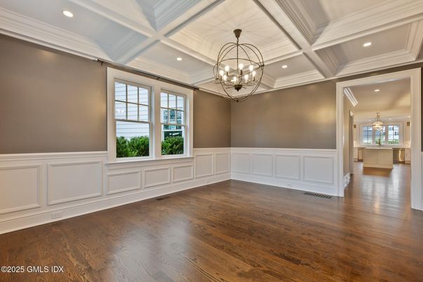 Chandelier, Empty room, Interior, Recessed Lighting, Wood Texture Flooring