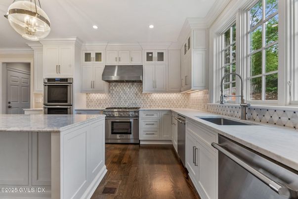 Interior, Kitchen, Pendant Lights, Recessed Lighting, Stainless Steel Appliances, Wood Texture Flooring
