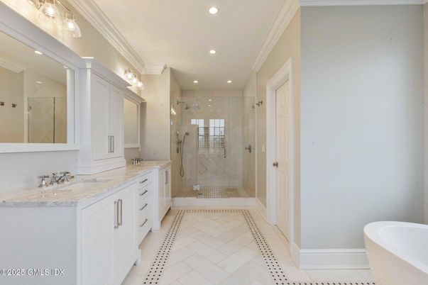 Bathroom, Dual Sink Vanities, Glass Shower, Interior, Recessed Lighting
