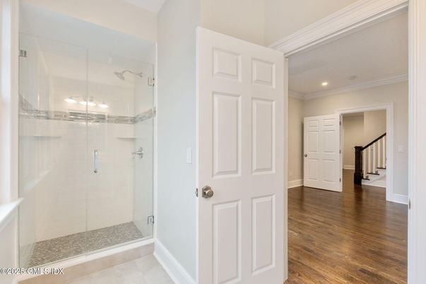 Bathroom, Glass Shower, Interior, Recessed Lighting, Wood Texture Flooring