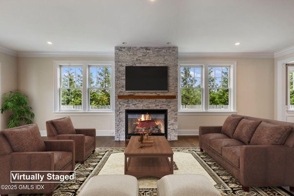 Fireplace, Interior, Living room, Recessed Lighting, Stone Walls, Wood Texture Flooring