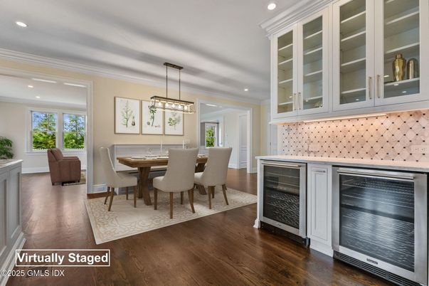 Dining room, Interior, Pendant Lights, Recessed Lighting, Wood Texture Flooring