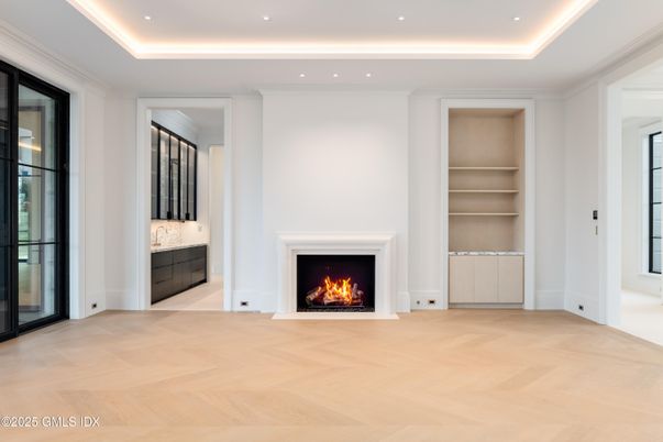 Fireplace, Interior, Recessed Lighting, Wood Texture Flooring