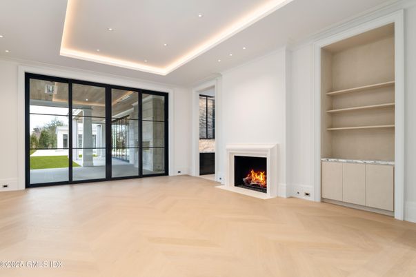 Empty room, Fireplace, Interior, Recessed Lighting, Wood Texture Flooring