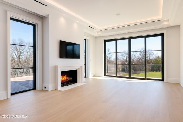 Empty room, Fireplace, Interior, Recessed Lighting, Wood Texture Flooring