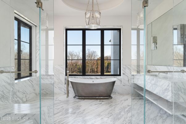 Bathroom, Free Standing Baths, Glass Shower, Interior, Marble, Marble Walls