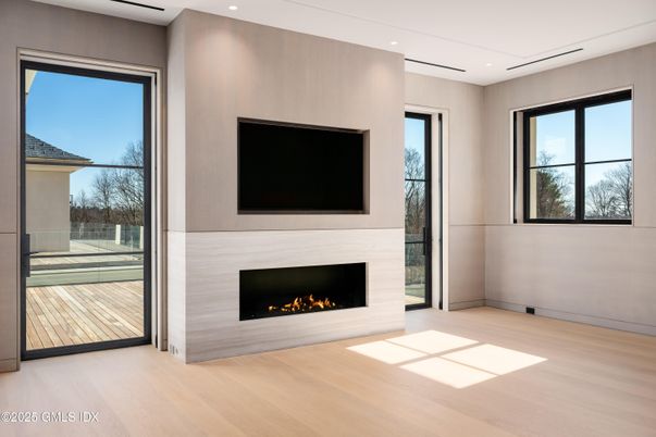 Empty room, Fireplace, Interior, Recessed Lighting, Wood Texture Flooring