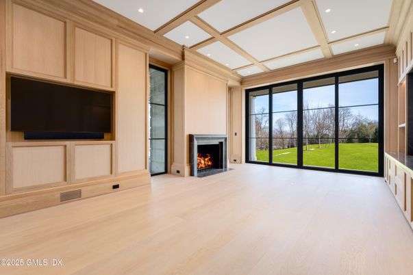 Empty room, Fireplace, Interior, Recessed Lighting, Wood Texture Flooring