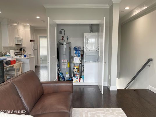 Interior, Kitchen, Living room, Recessed Lighting, Washer, Wood Texture Flooring