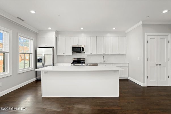 Interior, Kitchen, Recessed Lighting, Stainless Steel Appliances, Wood Texture Flooring