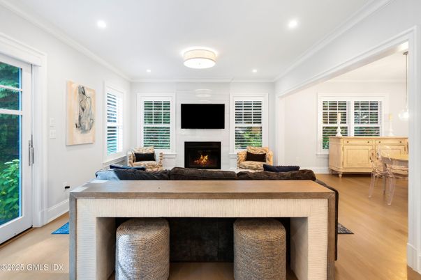 Fireplace, Interior, Pendant Lights, Recessed Lighting, Wood Texture Flooring