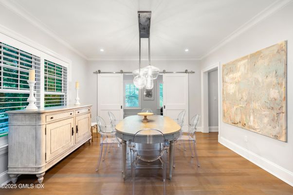 Dining room, Interior, Pendant Lights, Recessed Lighting, Wood Texture Flooring